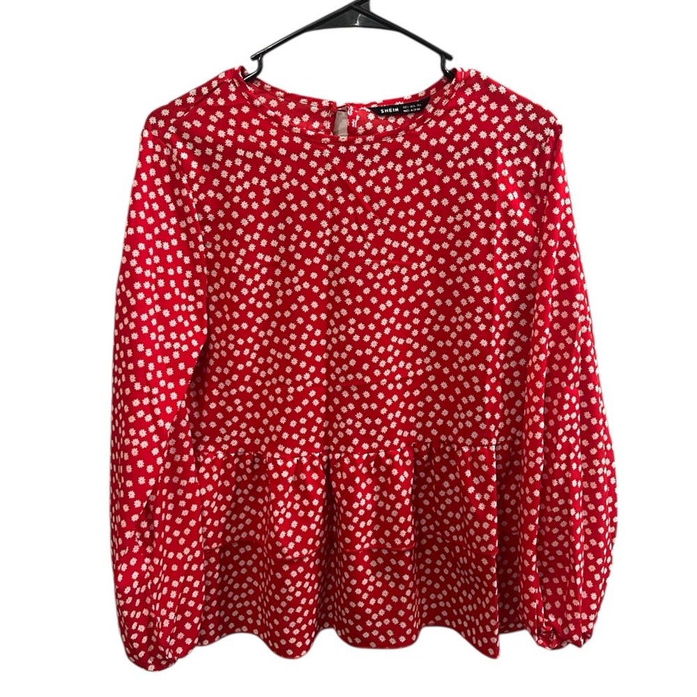 Red Floral Peplum Blouse Long Sleeve‎ Romantic Cottagecore Top